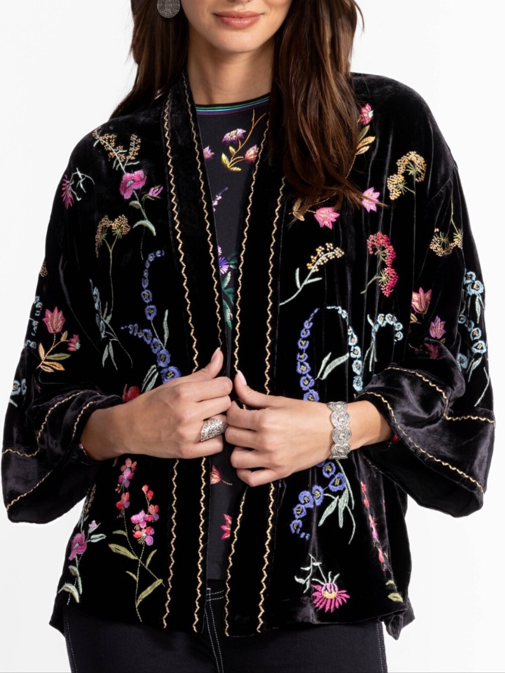 Johnny Was Silk SCHIFFLI Black Embroidered Velvet Floral Kimono Size Large NWOT